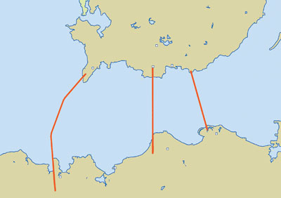 专家初步推荐其中三条备选的琼州海峡跨海通道位置示意图