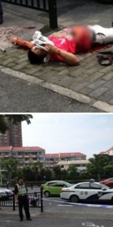 图为网友上传的事发现场照片,死者满身是血倒在血泊中.